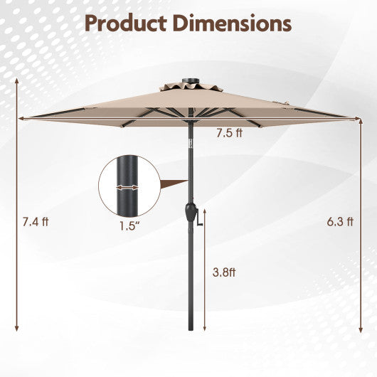 7.5 Feet Solar Powered Patio Umbrella with LED Lights and Crank Handle-Tan