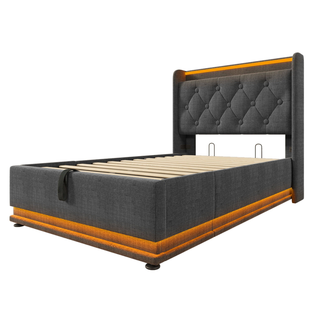 Upholstered Bed, 360 Surround LED Function, Remote Control, Hydraulic Storage Bed With USB, Type-C Charging (Without Mattress) by Couch.com