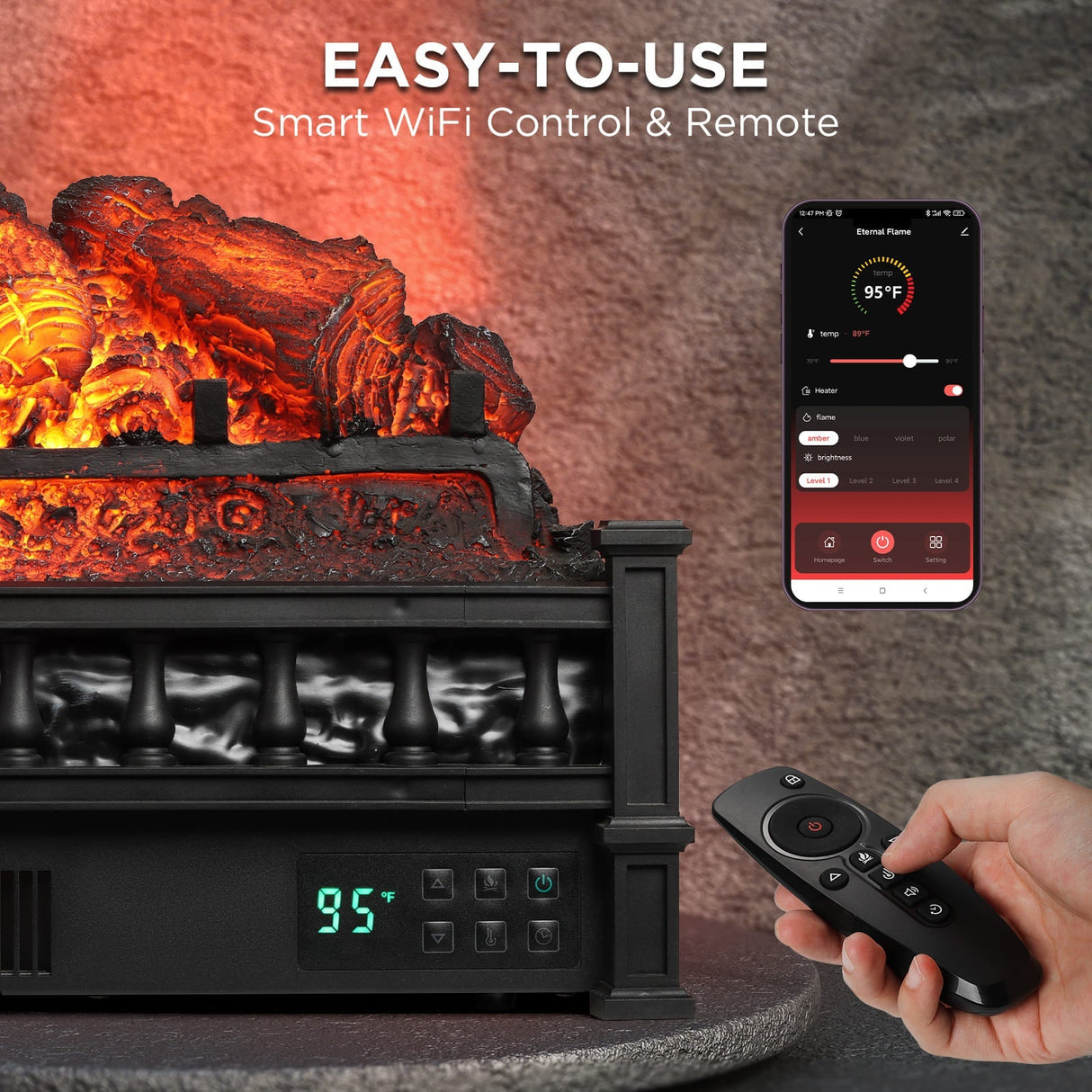 (Open Box) Eternal Flame EF26-PB Smart Electric Fireplace Logs, WiFi Enabled
