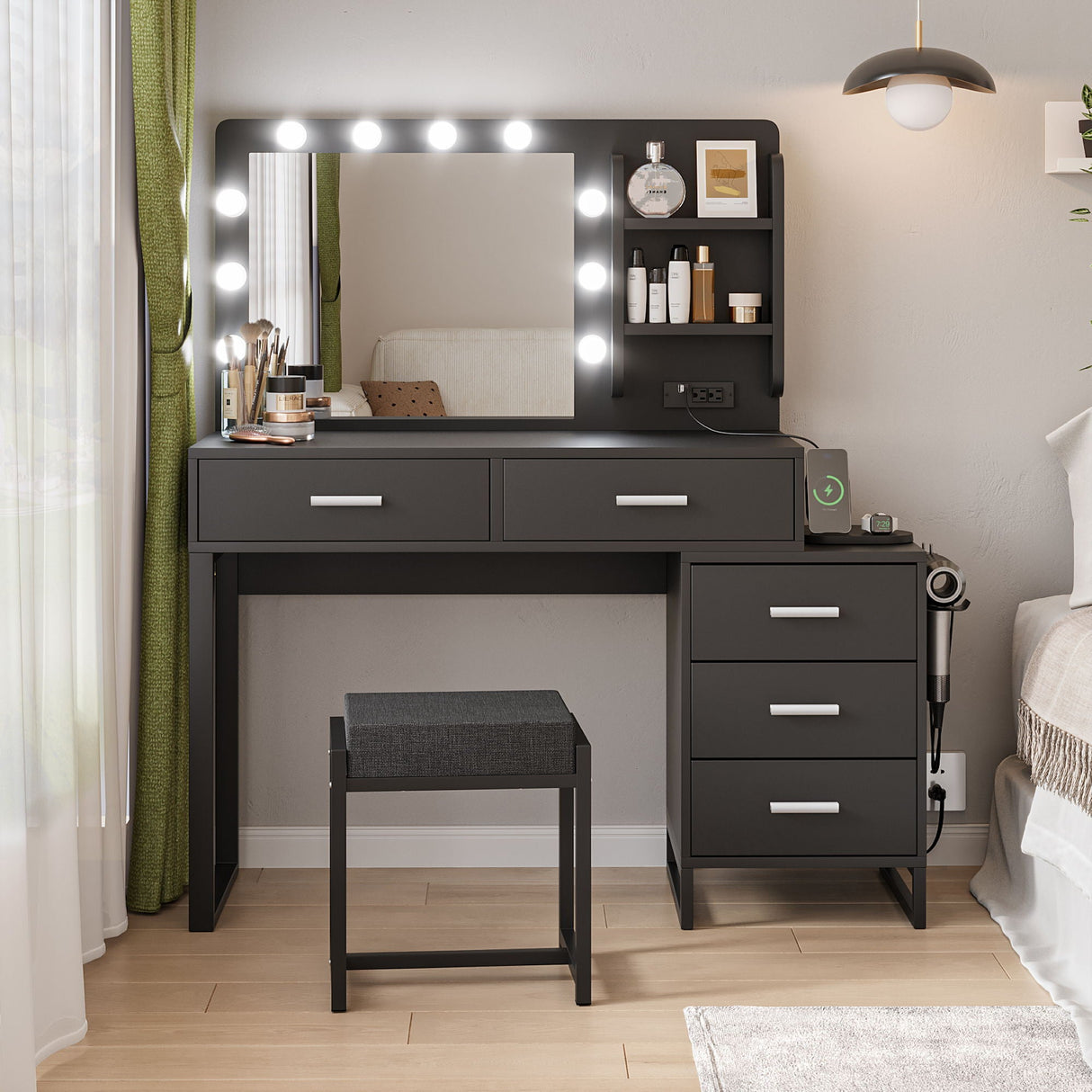 Vanity Desk With Lights, Makeup Vanity Set With Charging Station, Dressing Table With 5 Drawers And Cabinet, Vanity Mirror 3 Lighting Color Adjustable - Black by Couch.com
