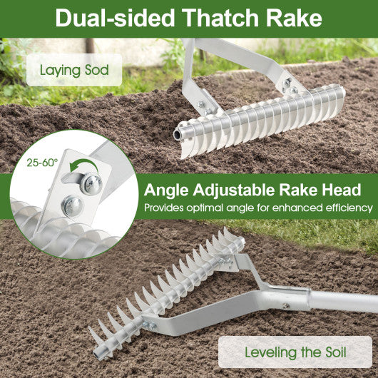 20 Inches Wide Aluminum Lawn Loosening Soil Rake with Long Handle and 19 Curved Tines