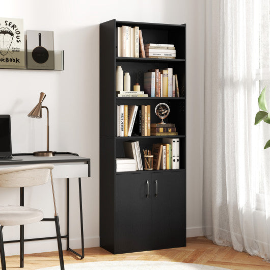 70 Inch Bookcase 6-Tier with Adjustable Shelves and 2-Door Cabinet-Black