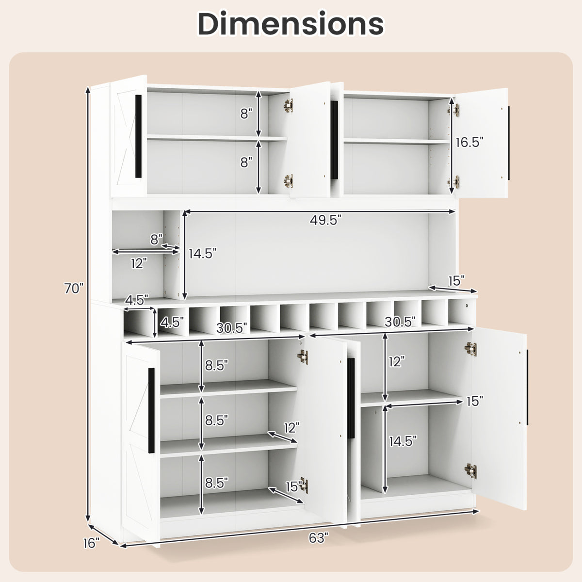 70 Inch Farmhouse Pantry Cabinet Kitchen Buffet Hutch with 4 Cabinets and 2 Open Shelves-White