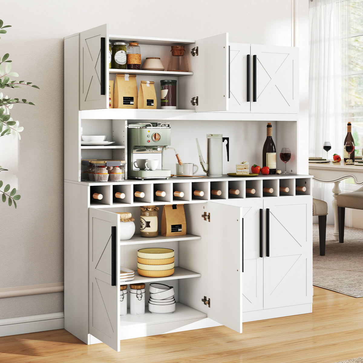70 Inch Farmhouse Pantry Cabinet Kitchen Buffet Hutch with 4 Cabinets and 2 Open Shelves-White