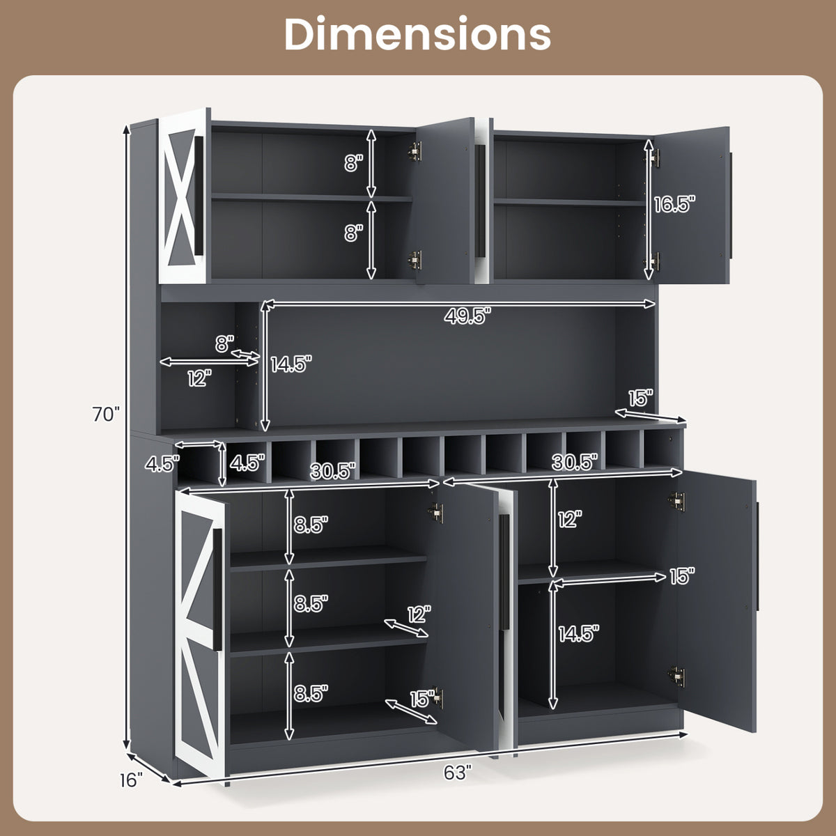 70 Inch Farmhouse Pantry Cabinet Kitchen Buffet Hutch with 4 Cabinets and 2 Open Shelves-Dark Gray