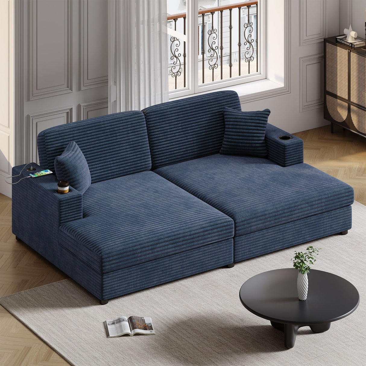 Oversized Loveseat Chaise With 2 USB Ports, 2 Cup Holders And 2 Throw Pillows by Couch.com