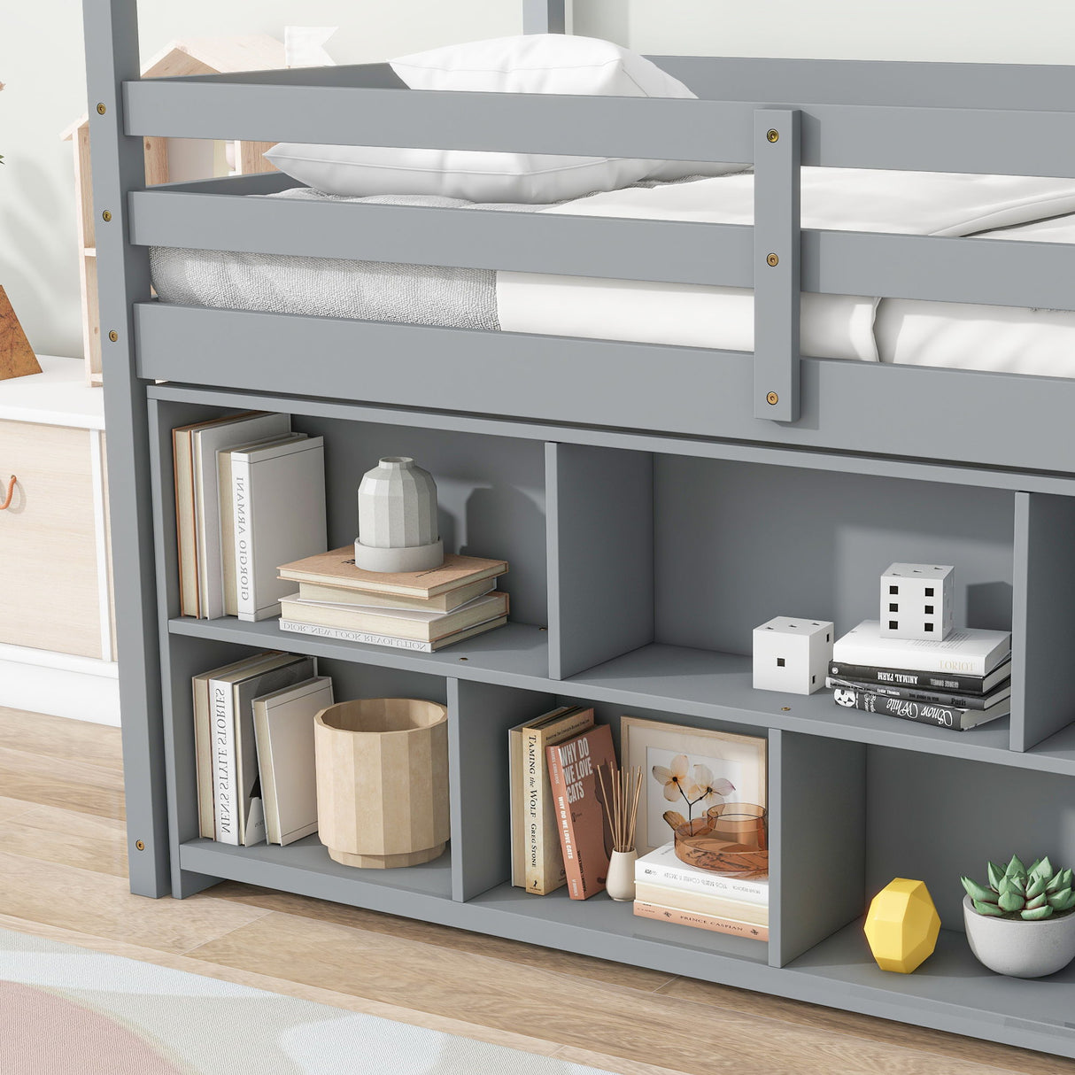 House Loft Bed With Roof Frame, Under Bed Shelving Storage Unit, Guardrails, Ladder by Couch.com