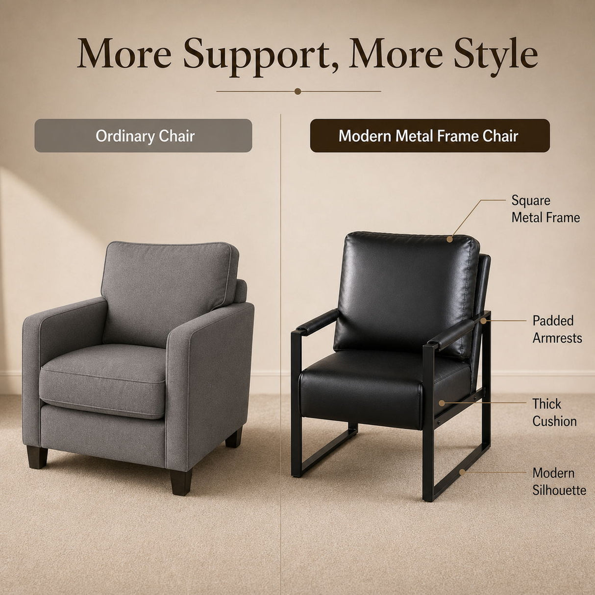 Classic Mid Century Modern Accent Chair With Durable Square Metal Frame, Armchair
