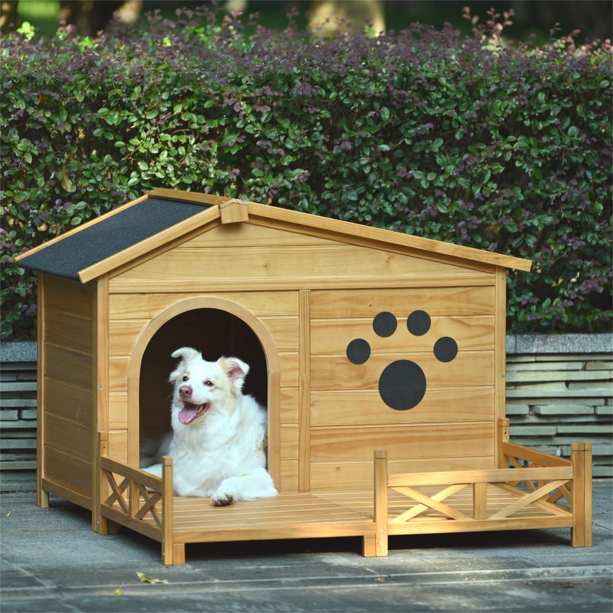 Wooden Dog House Outdoor With Porch, Dog Kennel With Water Resistant Asphalt Roof And Fencing, Indoor & Outdoor Dog Crate With Paw Print, Medium - Nature by Couch.com