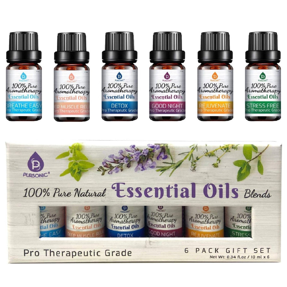 Pursonic Purify & Relax Home Wellness Bundle - True HEPA Air Purifier & 6 Pack of 100% Pure Essential Oils Blends