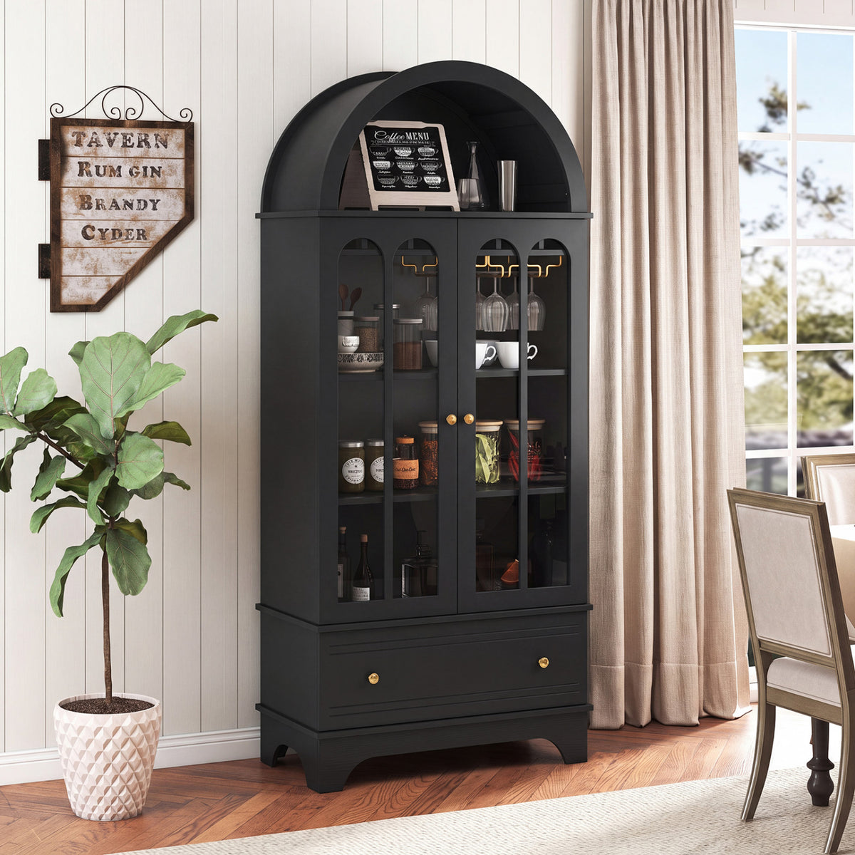 71.5 Inch Arched Cabinet 5-Tier with Tempered Glass Doors and Wine Rack-Black