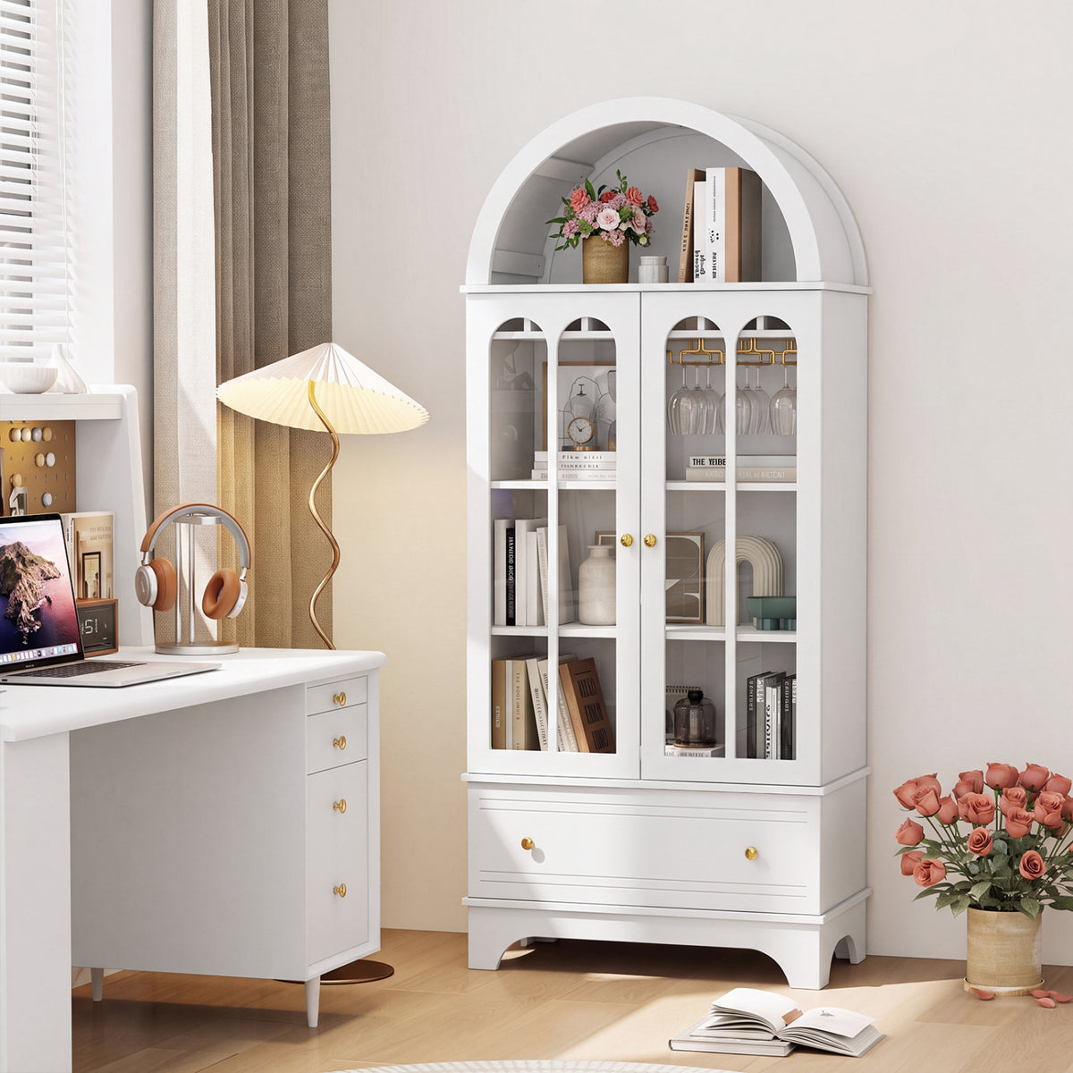71.5 Inch Arched Cabinet 5-Tier with Tempered Glass Doors and Wine Rack-White