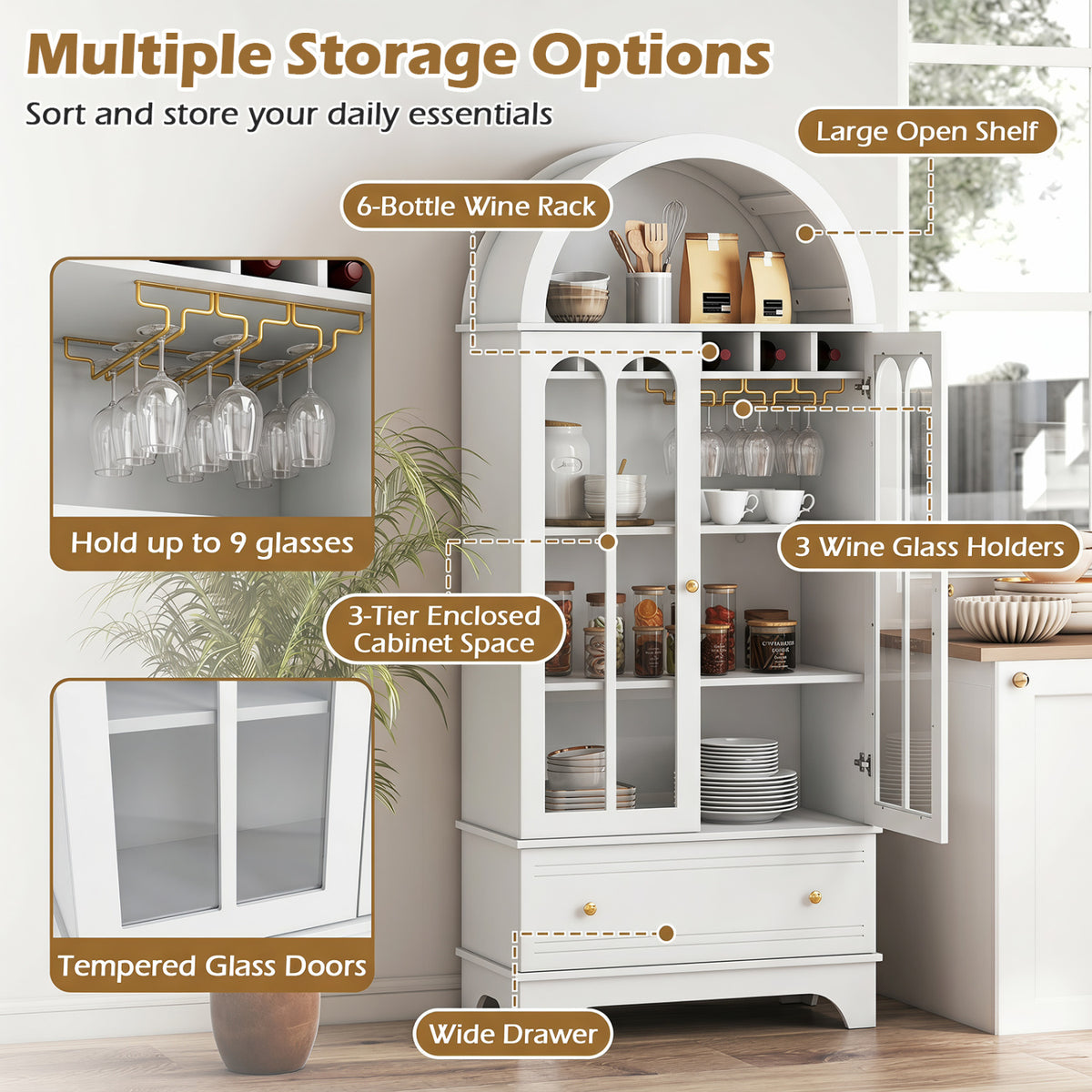 71.5 Inch Arched Cabinet 5-Tier with Tempered Glass Doors and Wine Rack-White