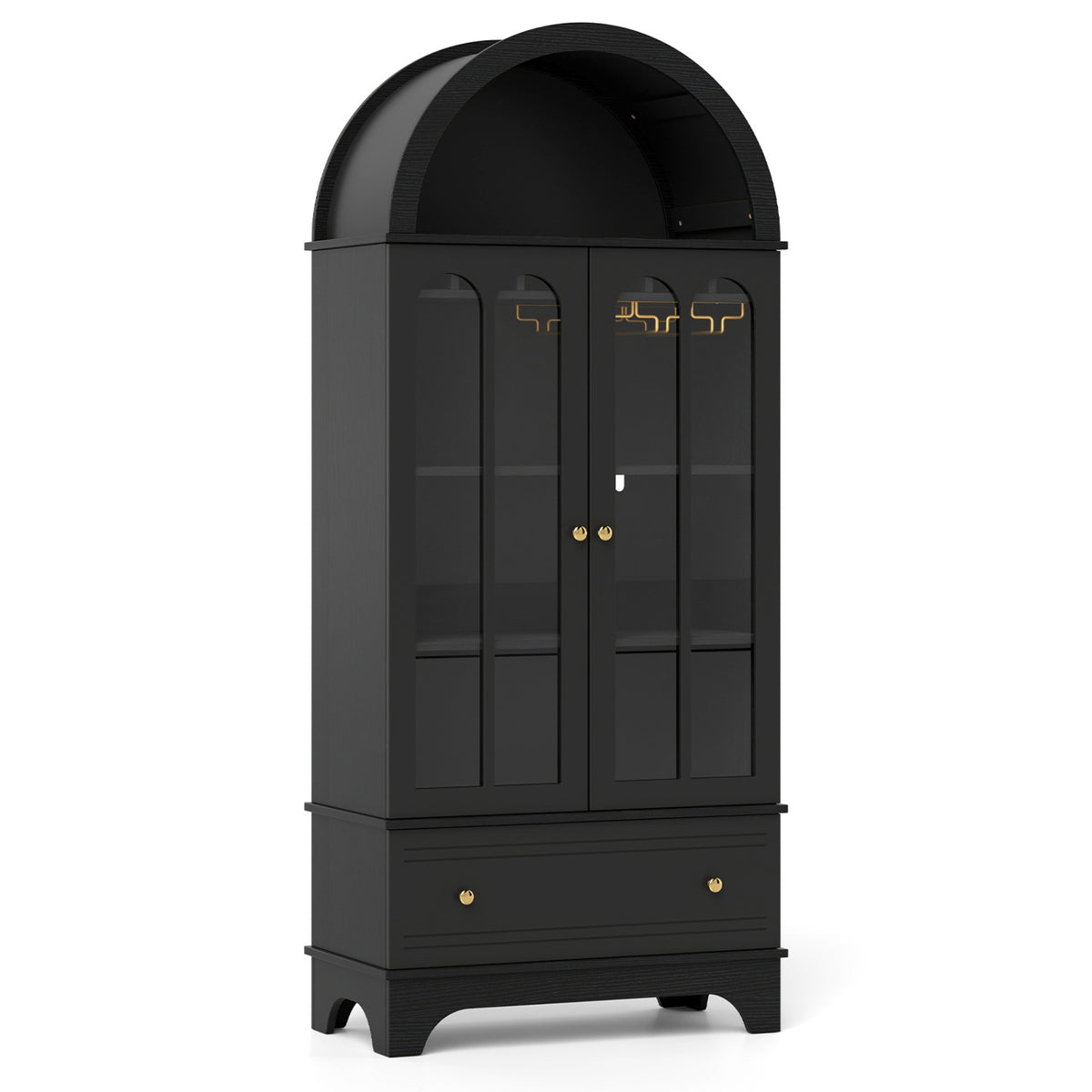71.5 Inch Arched Cabinet 5-Tier with Tempered Glass Doors and Wine Rack-Black