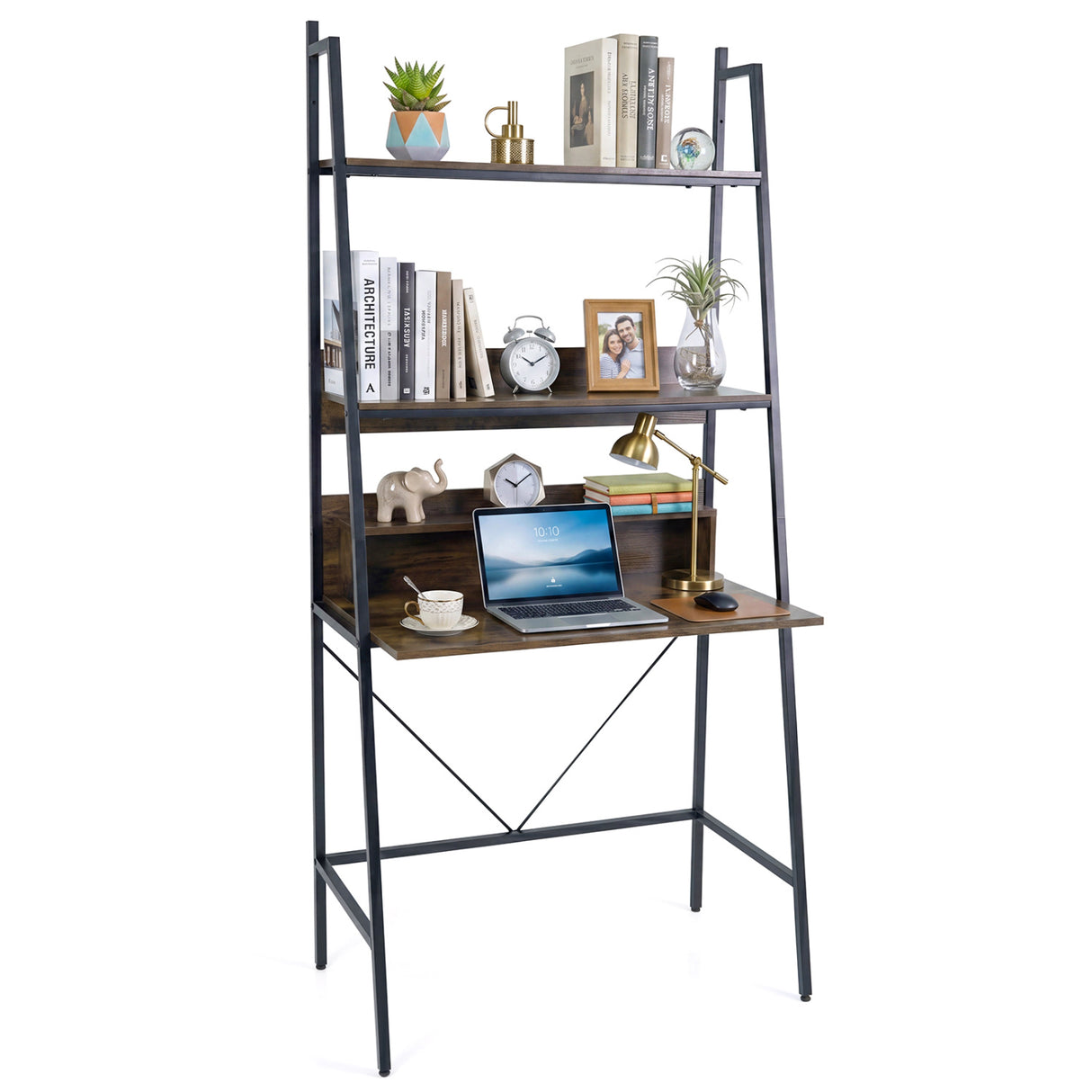 71 High Freestanding Laptop Desk with Open Shelves for Living Room Bedroom Study-Brown