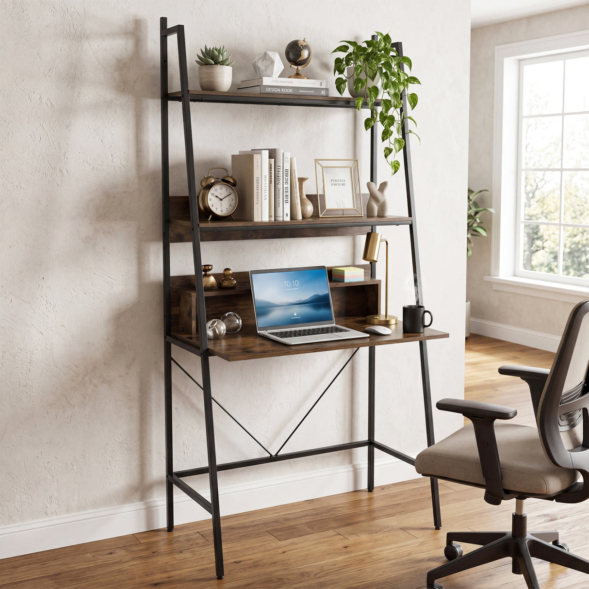 71 High Freestanding Laptop Desk with Open Shelves for Living Room Bedroom Study-Brown