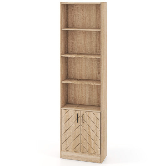 71 Inch 6-Tier Tall Bookshelf with Double Doors 4 Open Cubes-Oak