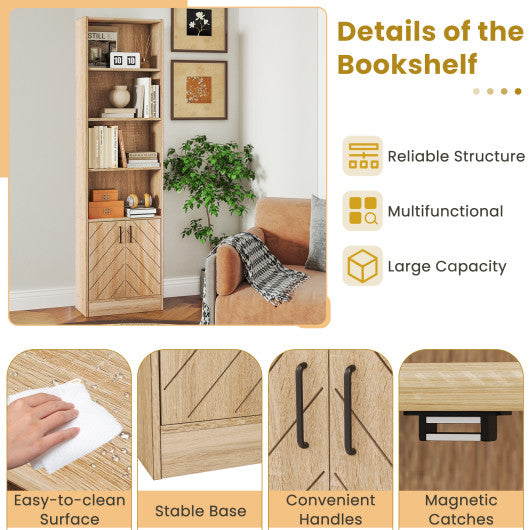 71 Inch 6-Tier Tall Bookshelf with Double Doors 4 Open Cubes-Oak