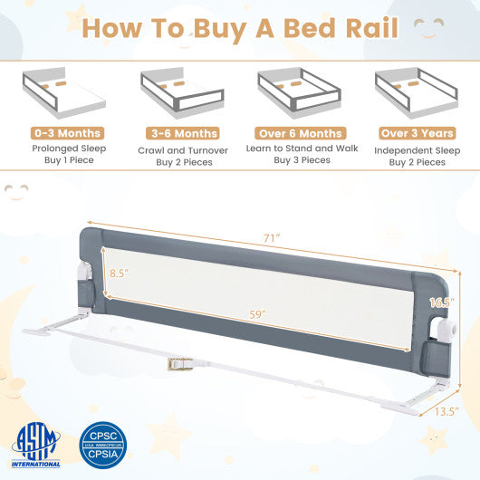 71-Inch Foldable Bed Rail Swing Down Baby Bed Guard Rail with Adjustable Safety Strap-Gray