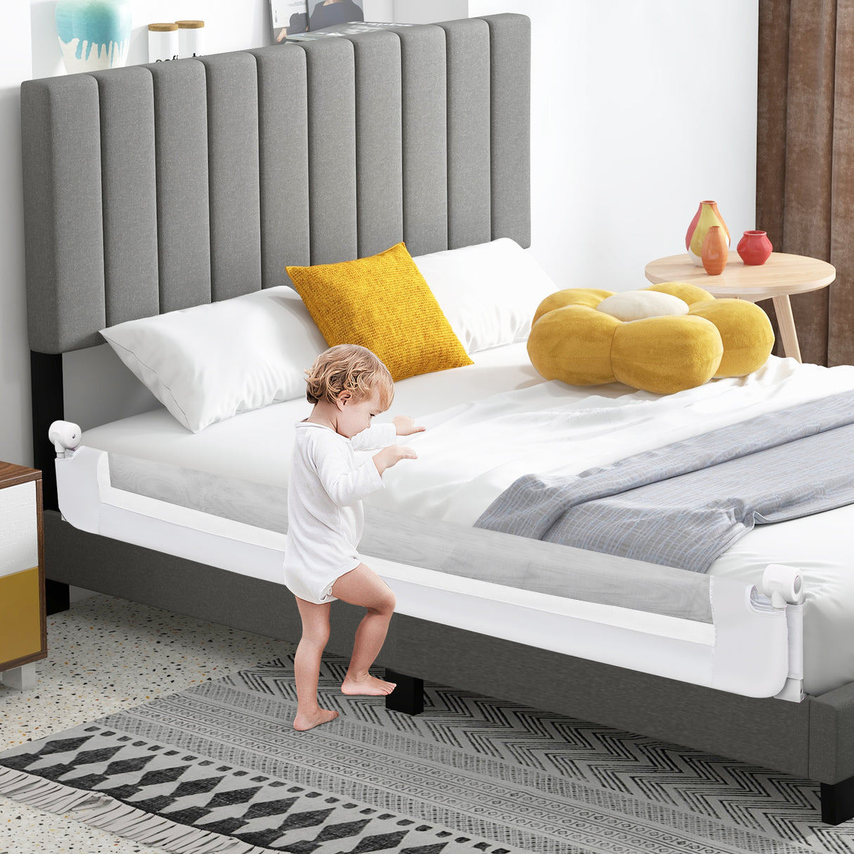 71-Inch Foldable Bed Rail Swing Down Baby Bed Guard Rail with Adjustable Safety Strap-White