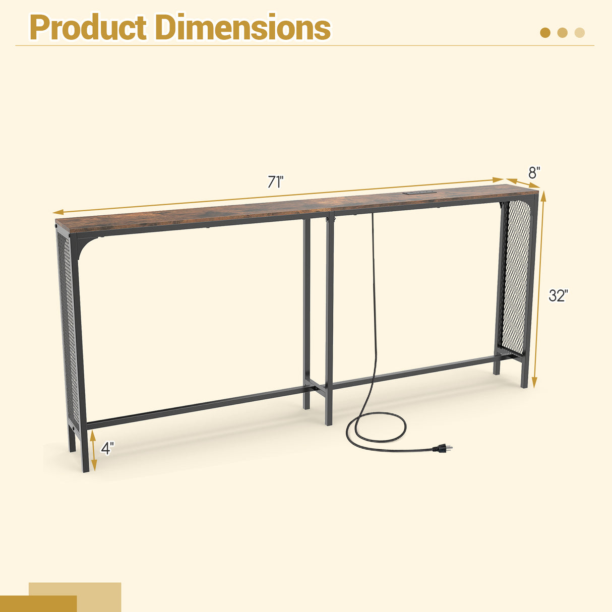 71 Inch Narrow Console Table with Power Outlet for Small Space-Rustic Brown