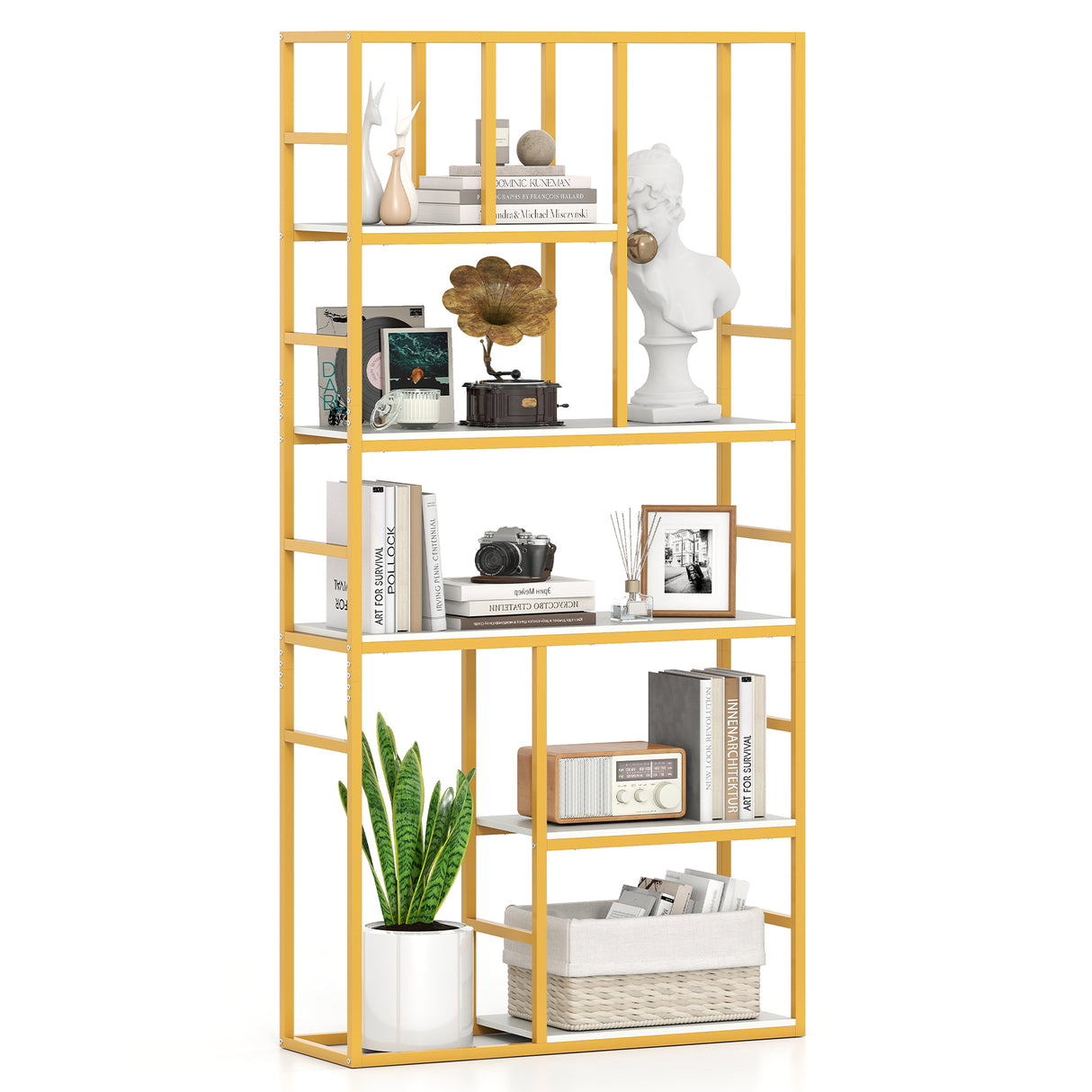 71 Inch Tall Bookshelf Metal Frame 5-Tier Geometric Bookcase-White & Golden