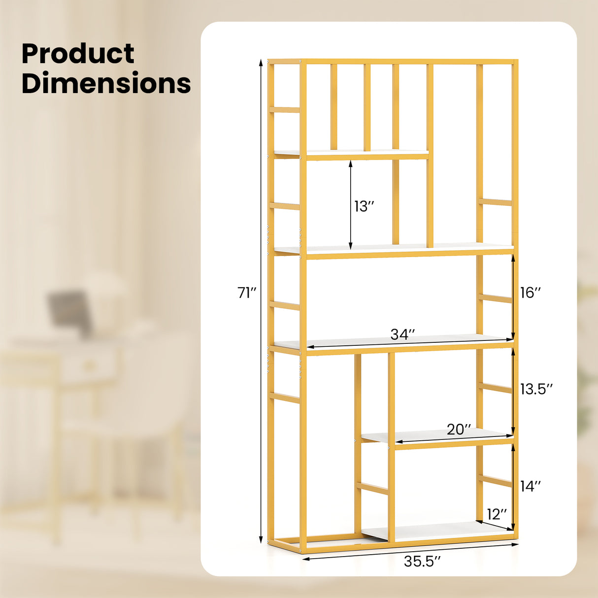 71 Inch Tall Bookshelf Metal Frame 5-Tier Geometric Bookcase-White & Golden