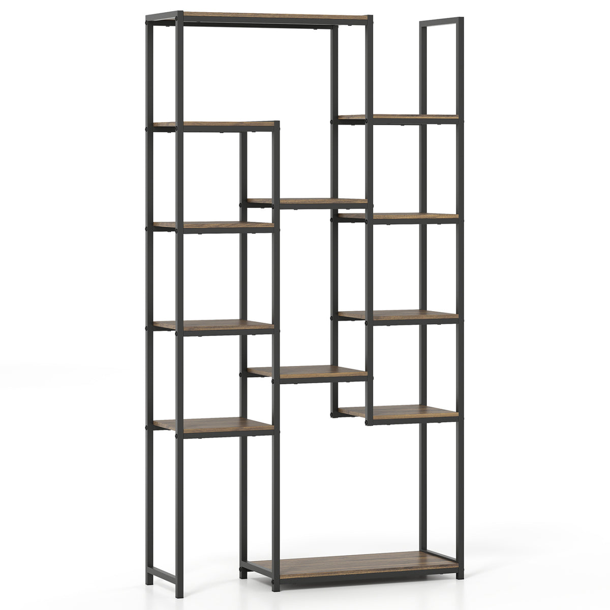 71 Inch Tall Vintage Geometric Bookshelf 12 Open Shelves-Walnut