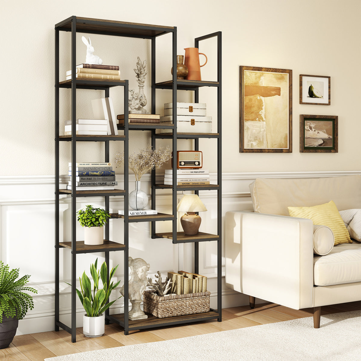71 Inch Tall Vintage Geometric Bookshelf 12 Open Shelves-Walnut