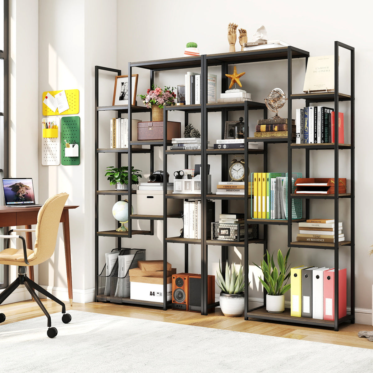 71 Inch Tall Vintage Geometric Bookshelf 12 Open Shelves-Walnut