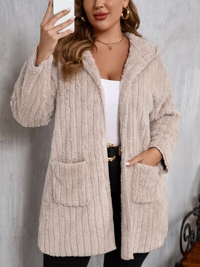 Women Plus Size Hooded Open Front Fuzzy Jacket With Long Sleeves Elegant And Comfortable Jacket