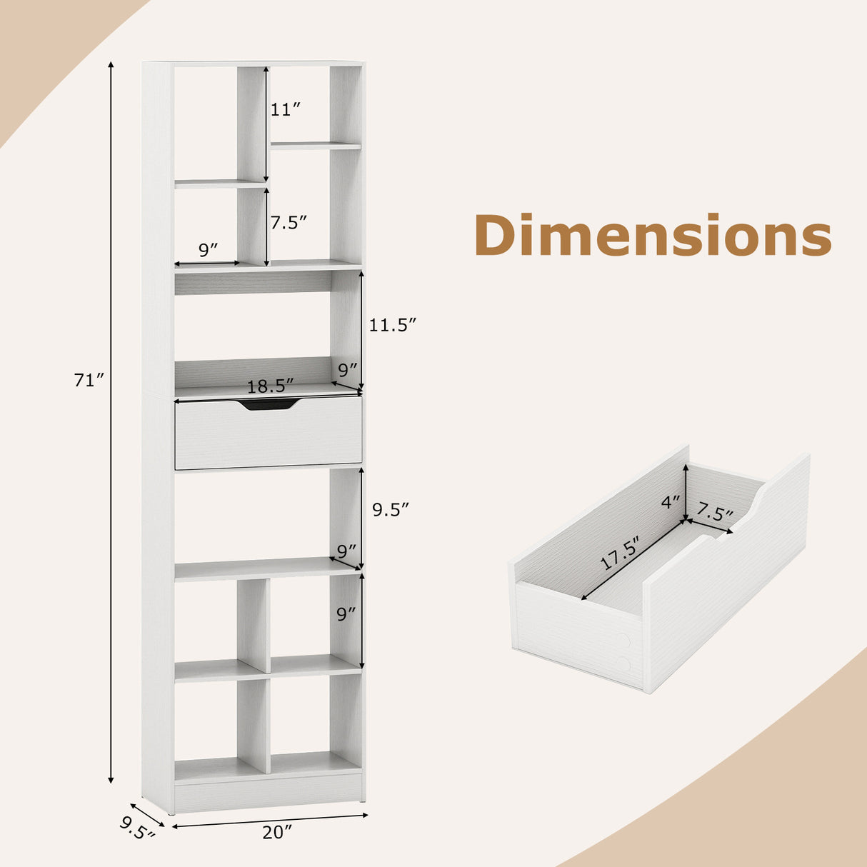 71inch Tall Freestanding Bookcase with Drawer 10-Cube Storage Organizer-White