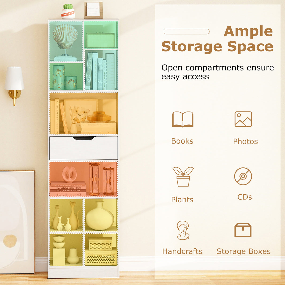 71inch Tall Freestanding Bookcase with Drawer 10-Cube Storage Organizer-White