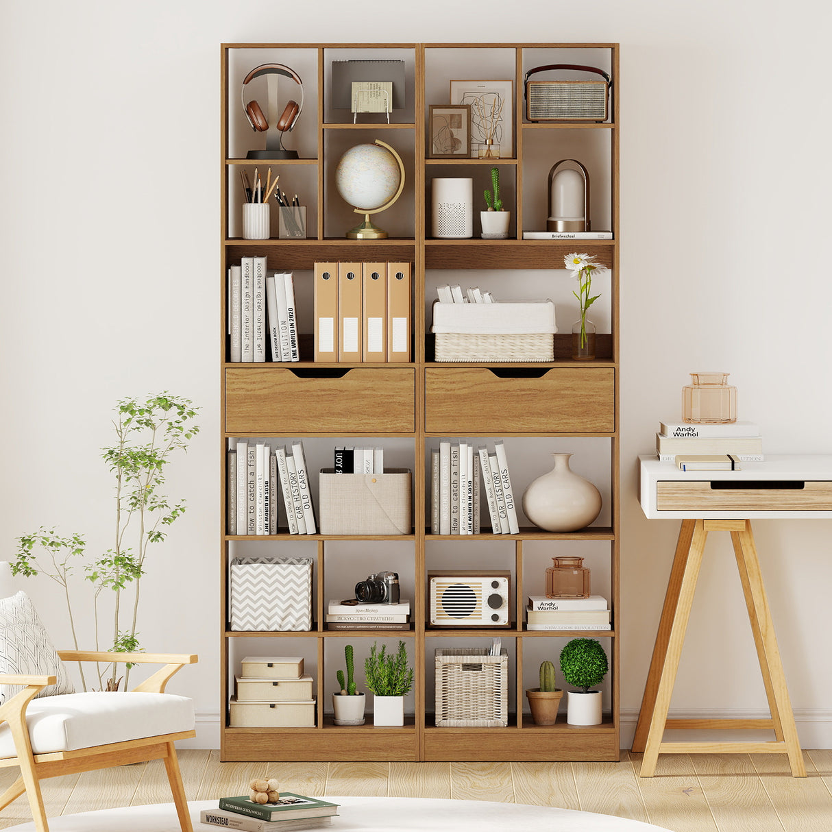 71inch Tall Freestanding Bookcase with Drawer 10-Cube Storage Organizer-Natural