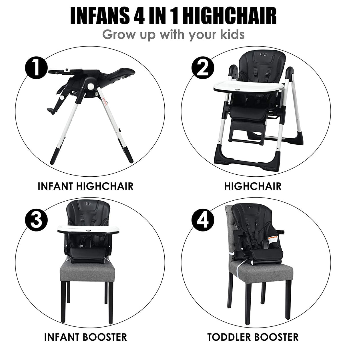 4-in-1 High Chair “Booster Seat with Adjustable Height and Recline-Black