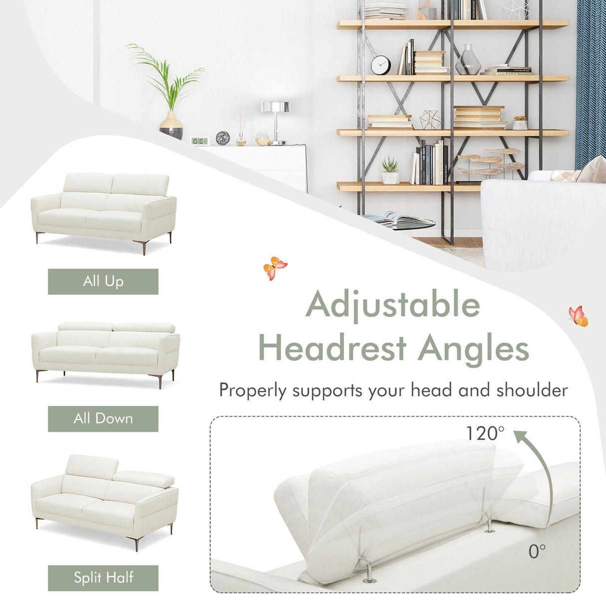 72.5 Inch Modern Fabric Loveseat Sofa Couch with Adjustable Headrest-White