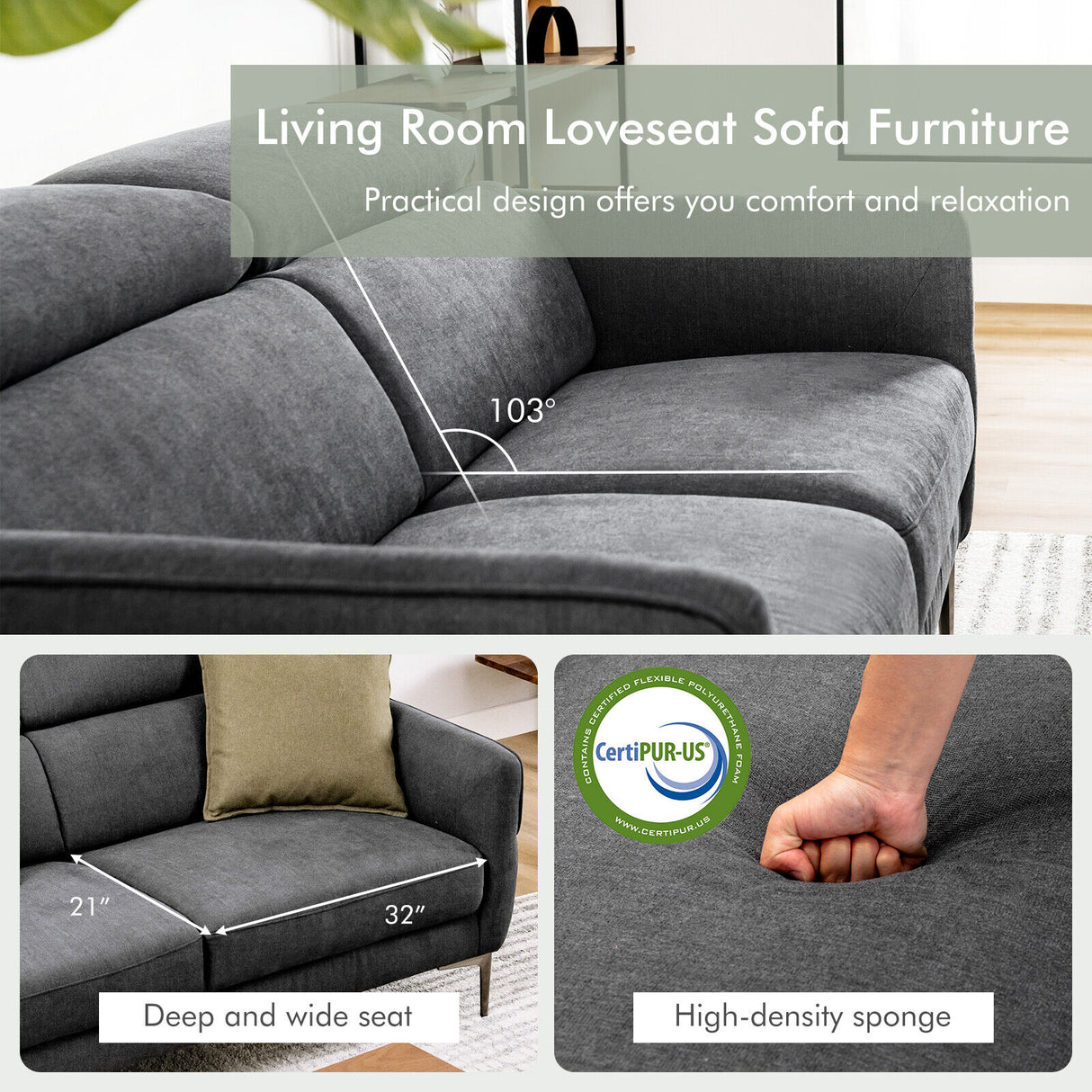 72.5 Inch Modern Fabric Loveseat Sofa Couch with Adjustable Headrest