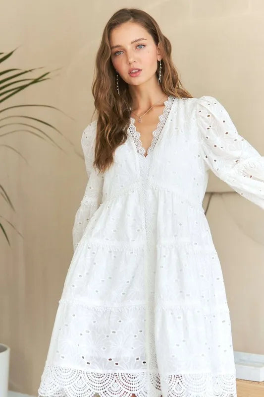 Lace Detail Tiered Eyelet V-Neck Babydoll Dress For Women – Feminine Boho Chic Dress, Fluttering, Elegant Lace & Eyelet
