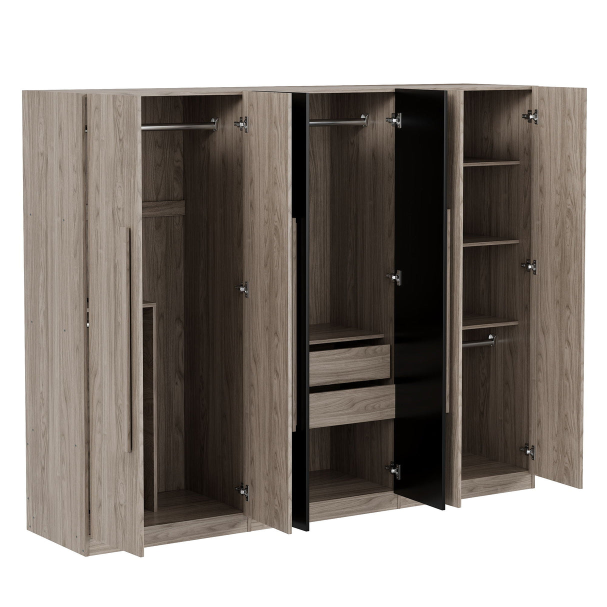 6 Doors Wardrobe Storage For Bedroom, With 2 Drawers Inside - Black / Nature by Couch.com