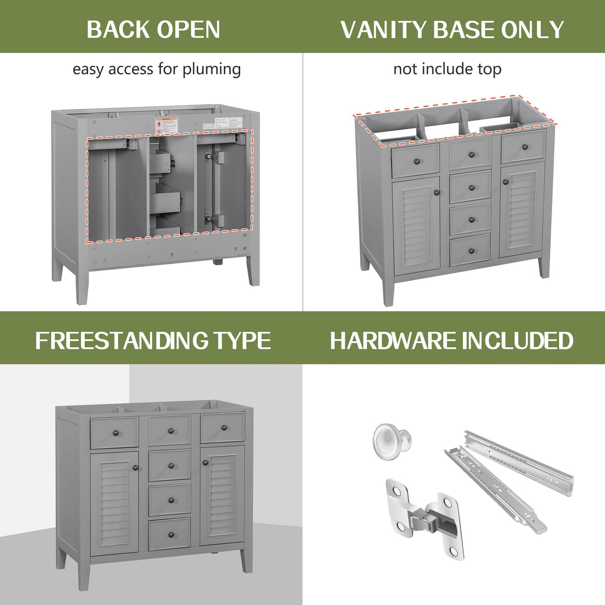 Bathroom Vanity Without Sink, Cabinet Base Only, Two Cabinets And Five Drawers, Solid Wood Frame - Gray by Couch.com