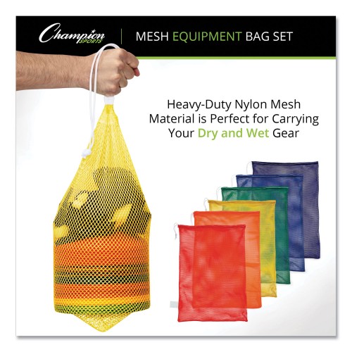 Champion Sports Heavy-Duty Mesh Bag, 12" x 18", Gold, Green, Orange, Purple, Royal Blue, Scarlet Red, 6/Set (MB18SET)