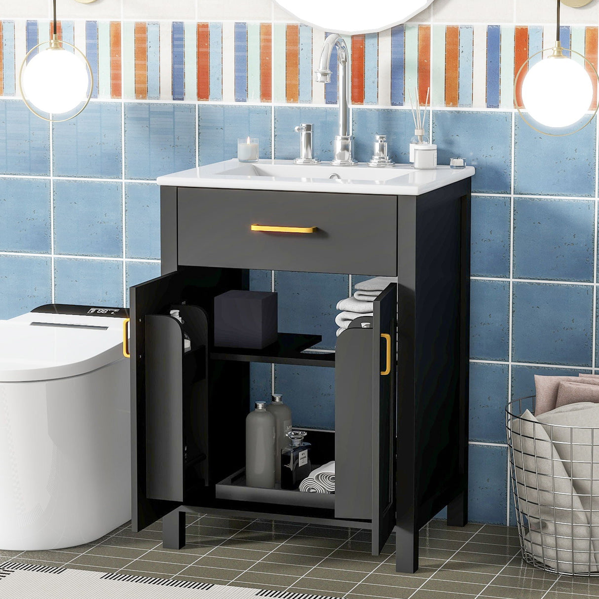 Bathroom Vanity Combo With Ceramic Sink, Luxurious Space-Saving Vanity, 2 Soft Close Doors by Couch.com