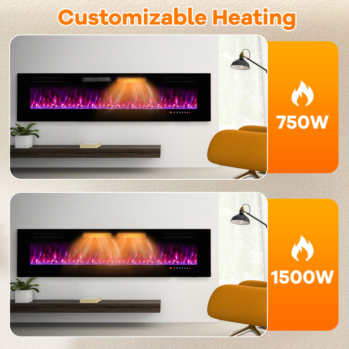 42/50/60/72 Inch Ultra-Thin Electric Fireplace with Decorative Crystals-72 inches