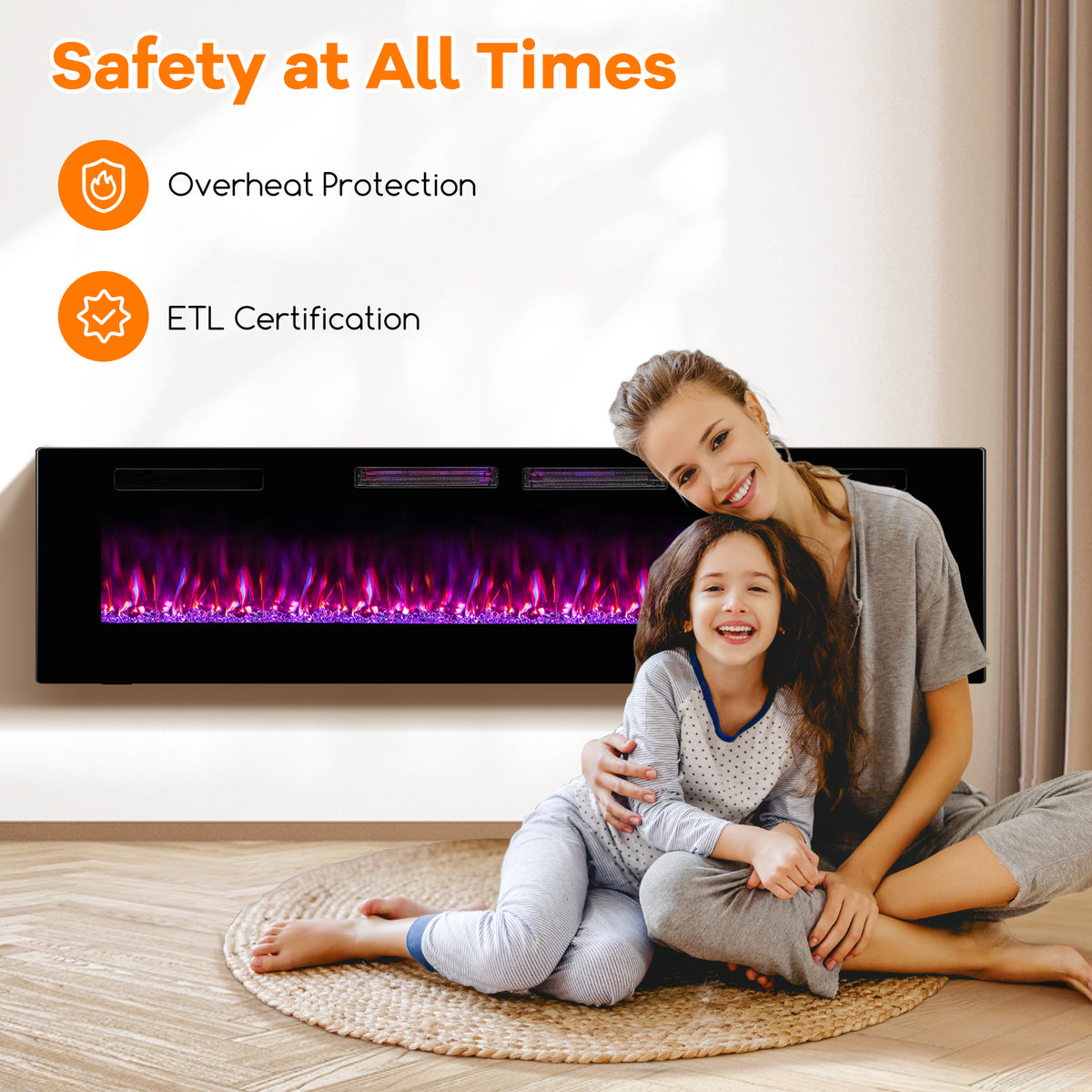 42/50/60/72 Inch Ultra-Thin Electric Fireplace with Decorative Crystals-72 inches