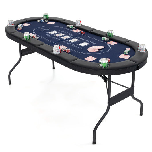 72 Inch Foldable Poker Table for 8 Players Portable Oval Card Board Game Table-Blue