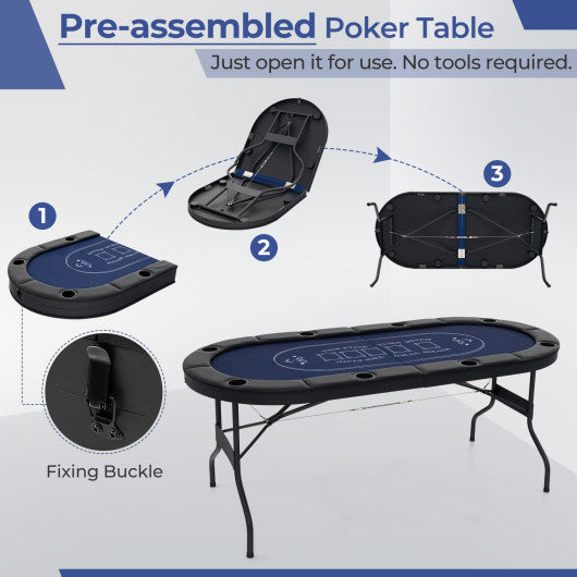 72 Inch Foldable Poker Table for 8 Players Portable Oval Card Board Game Table-Blue