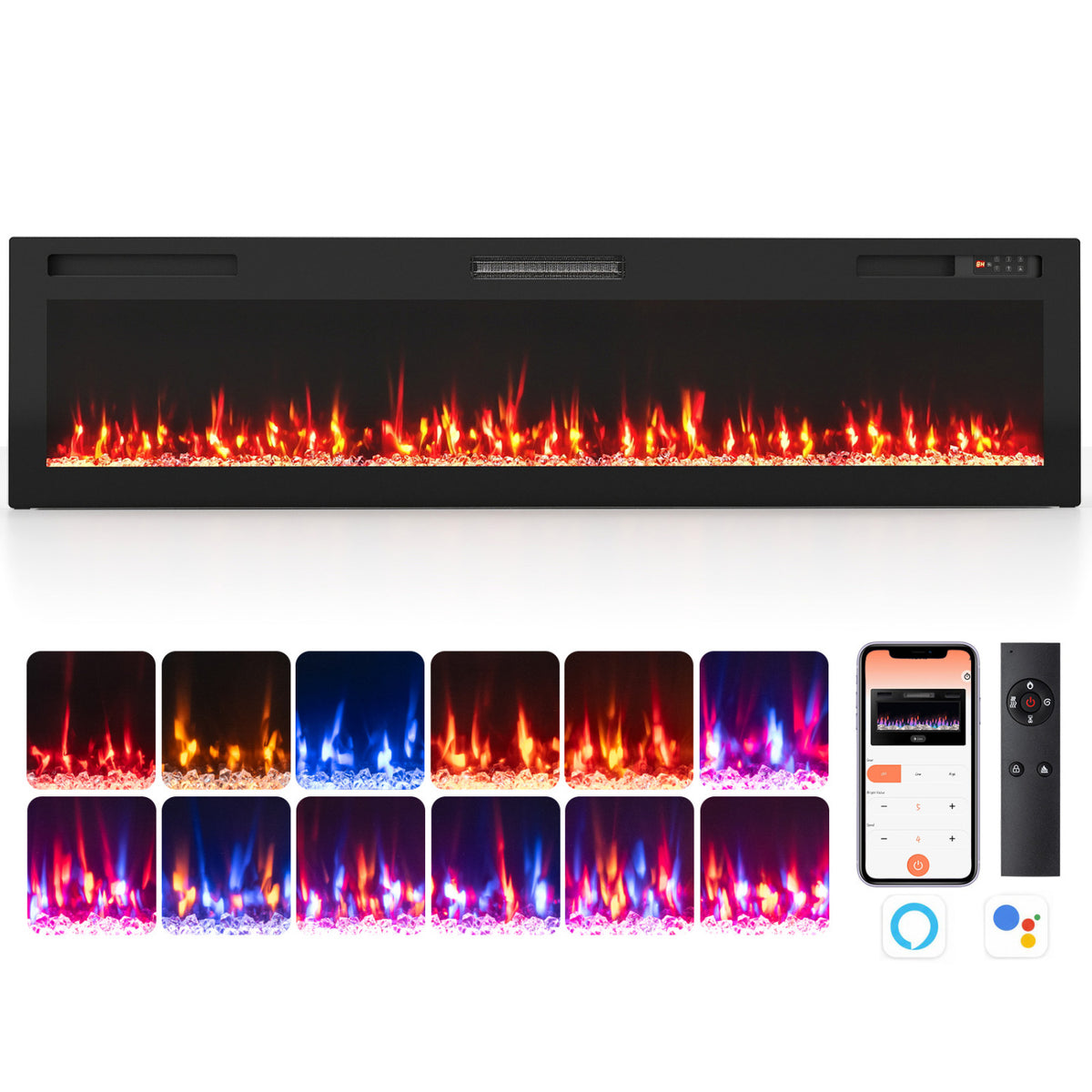 72 Inch Smart WiFi Electric Fireplace with Recessed and Wall Mounted
