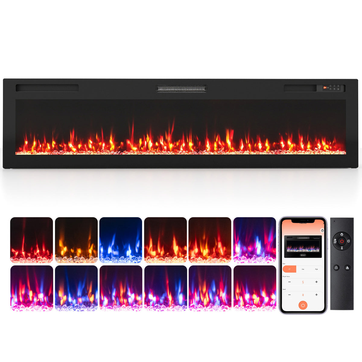 72 Inch Smart WiFi Electric Fireplace with Recessed and Wall Mounted
