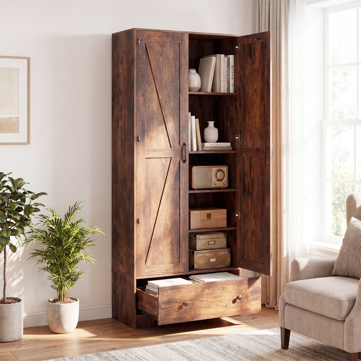 72 Inch Tall Kitchen Pantry Cabinet Farmhouse Wooden Cupboard with 2 Doors-Rustic Brown