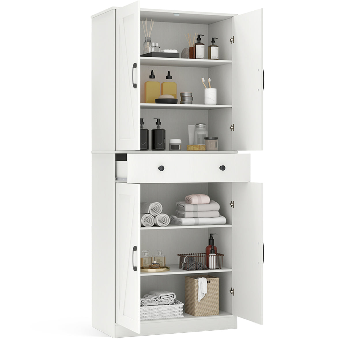 72 Inch Tall Modern Farmhouse Cupboard Cabinet with 4 Barn Doors-White